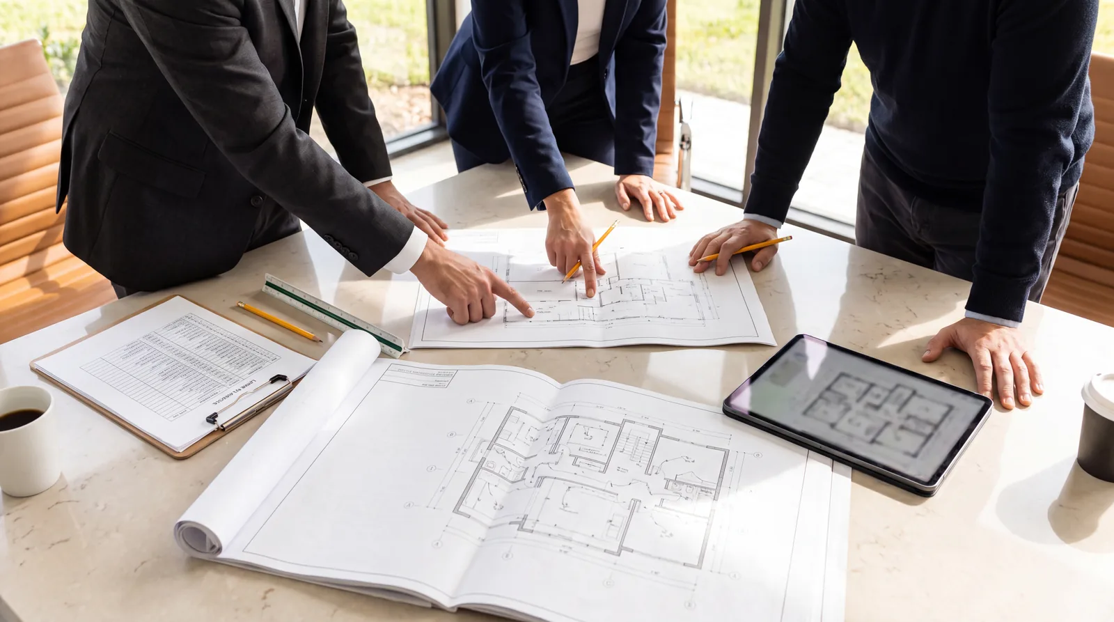 Construction professionals reviewing architectural and electrical plans