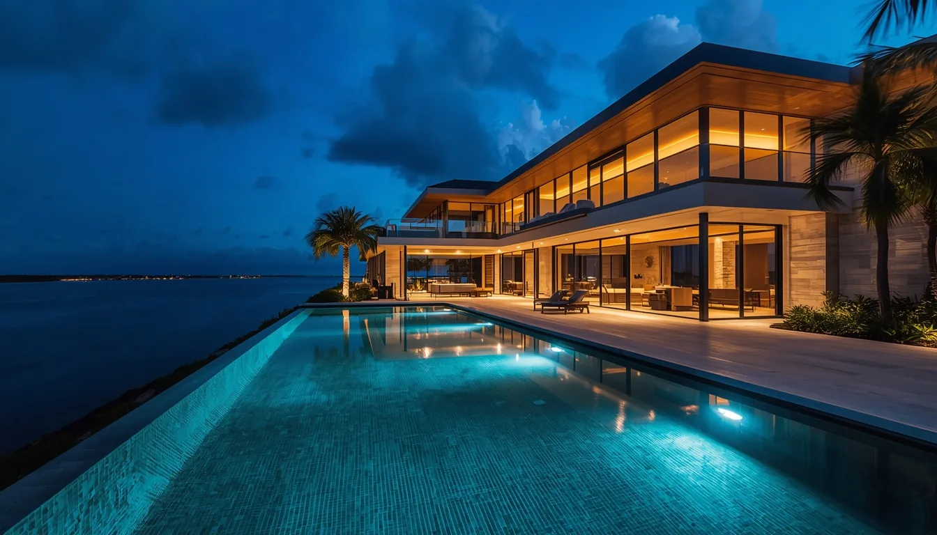 Contemporary South Florida waterfront residence with architectural lighting at dusk