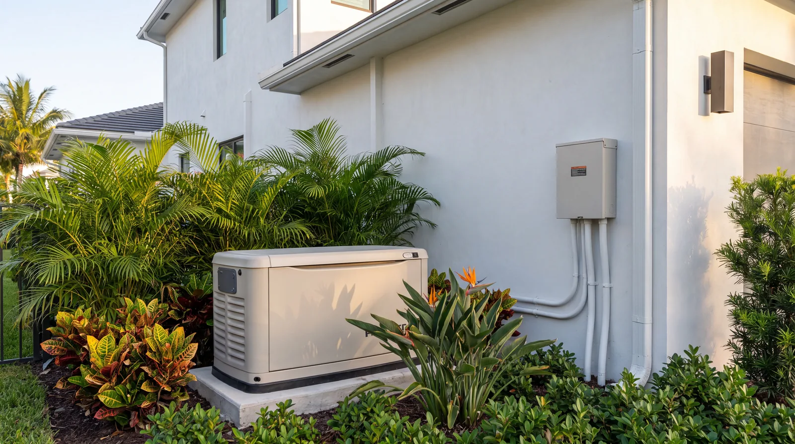 Whole-home standby generator installed beside a South Florida residence