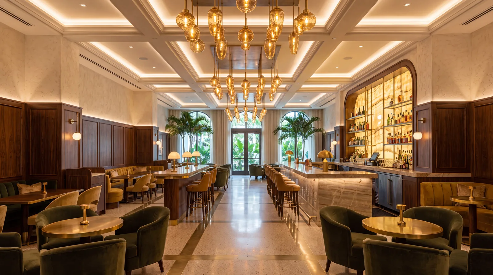 Upscale commercial hospitality interior with custom electrical lighting