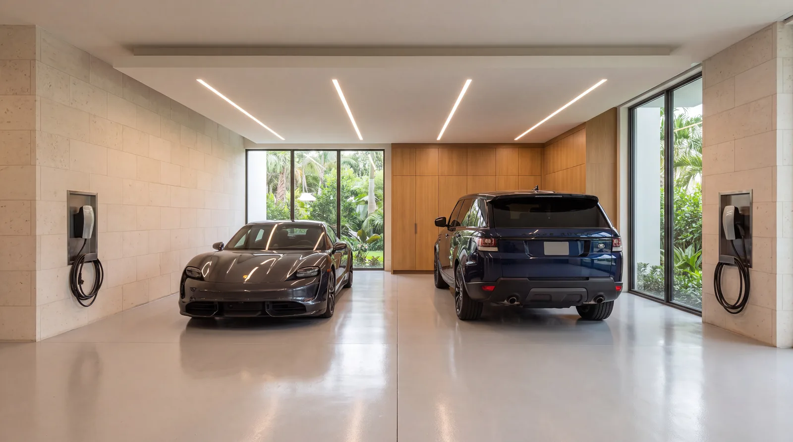Electric vehicle chargers installed in a luxury residential garage