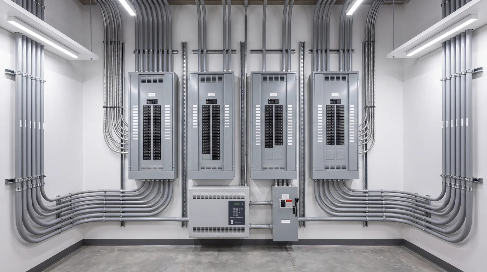 Professionally organized electrical panels in a residential mechanical room